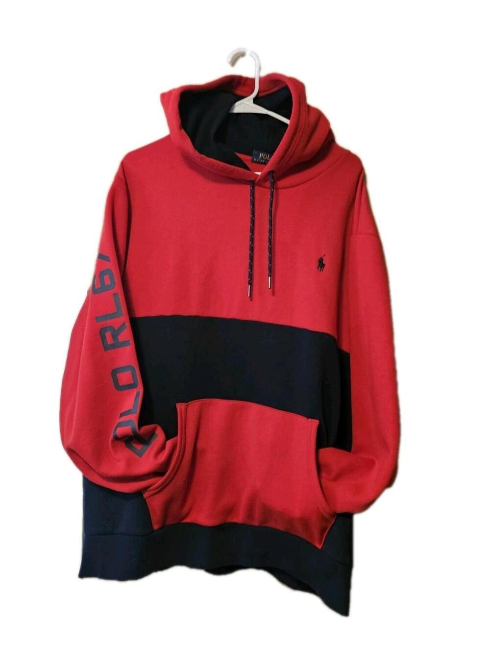 Polo Ralph Lauren RL67 Color Block Fleece Hoodie Men’s XL Red Navy Blue Tag